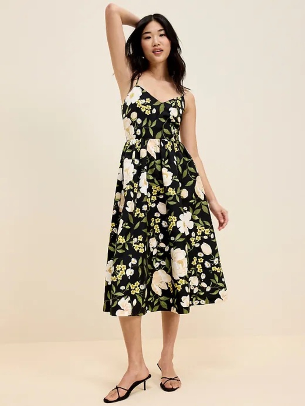 Old Navy Black Floral Midi Dress with Spaghetti Straps